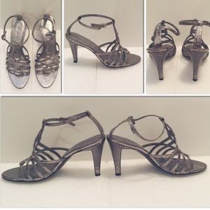 Tahari pewter snakeskin high heels sandals